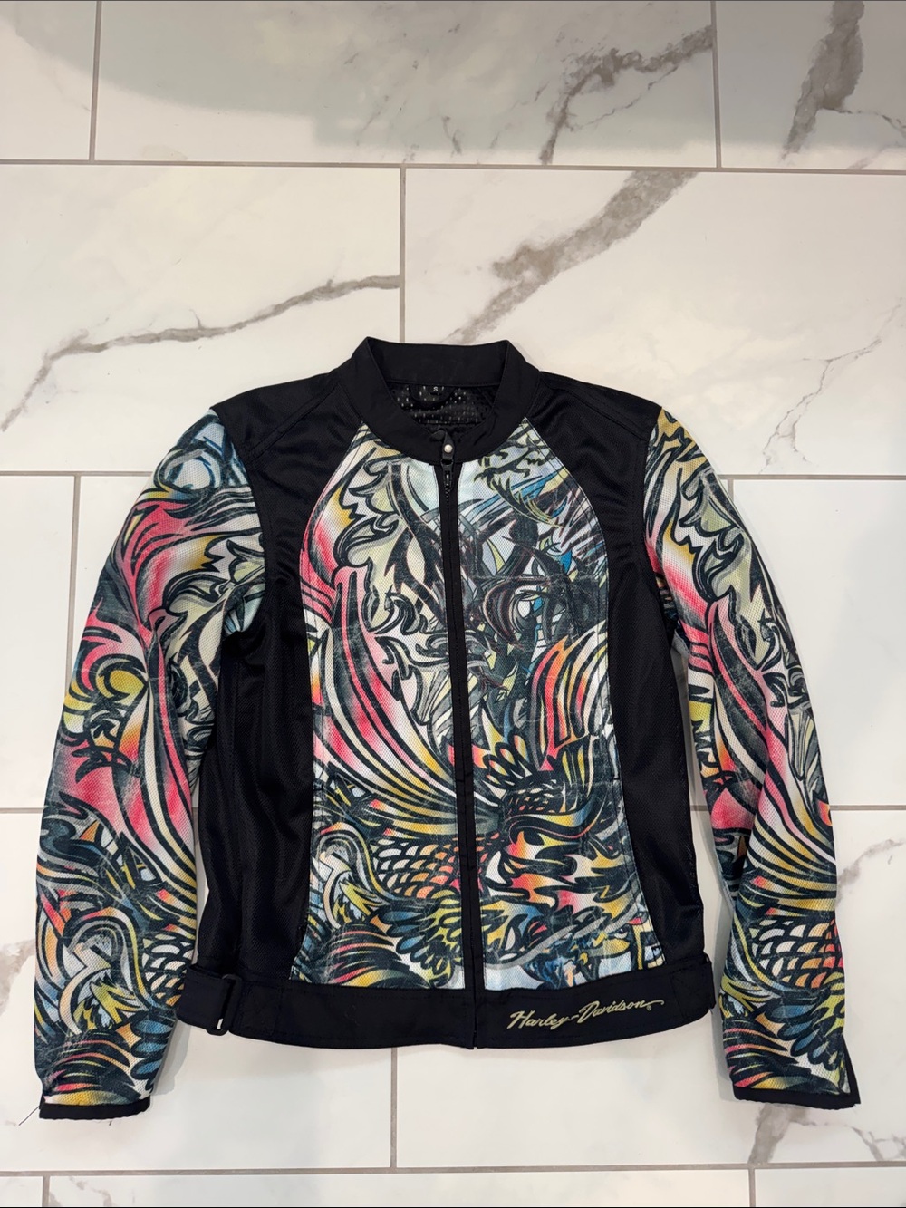 Harley-Davidson Black Jacket with Multicolor Mesh Tattoo-Style Print